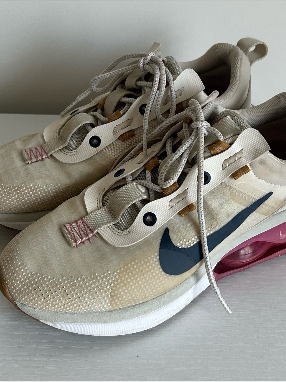 Nike Beige Sneakers with Navy Swoosh and Pink Air Unit Size 9